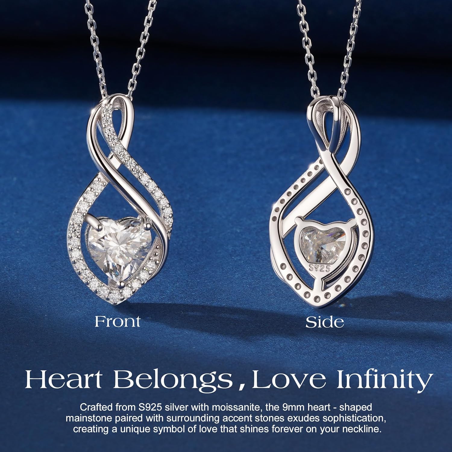 MOOSEA Mothers Day Gifts for Wife Infinity Moissanite Necklace, 1-3CT 925 Sterling Silver with Rhodium Plating Anniversary Birthday Gifts for Women Mom Her Moissanite Heart Pendant Jewelry Gift