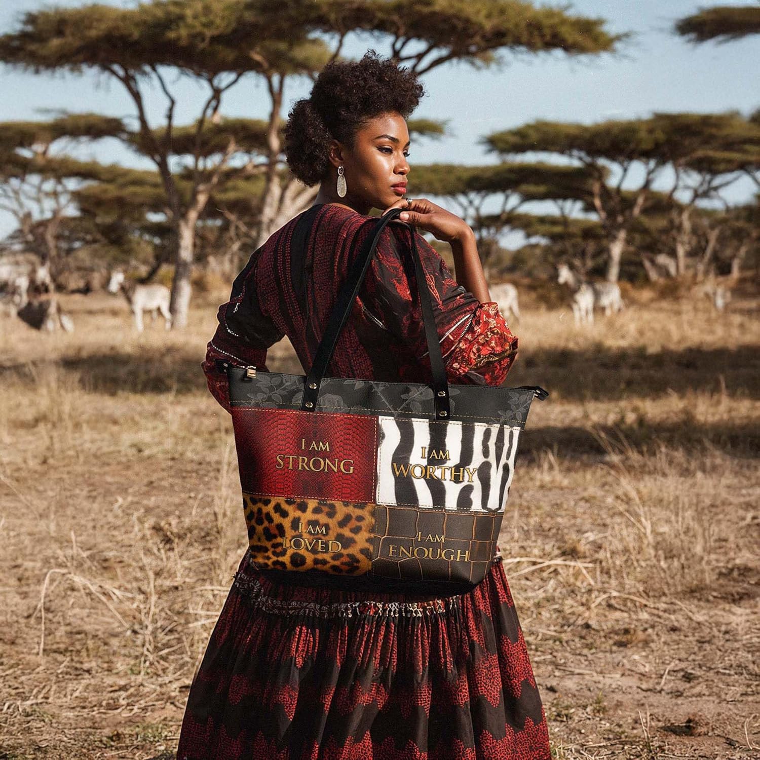 Afroyla Afrocentric Art Totebag for Black Women – Premium Leather, Work & Everyday Bag, Ideal Gift for Her on Mother's Day