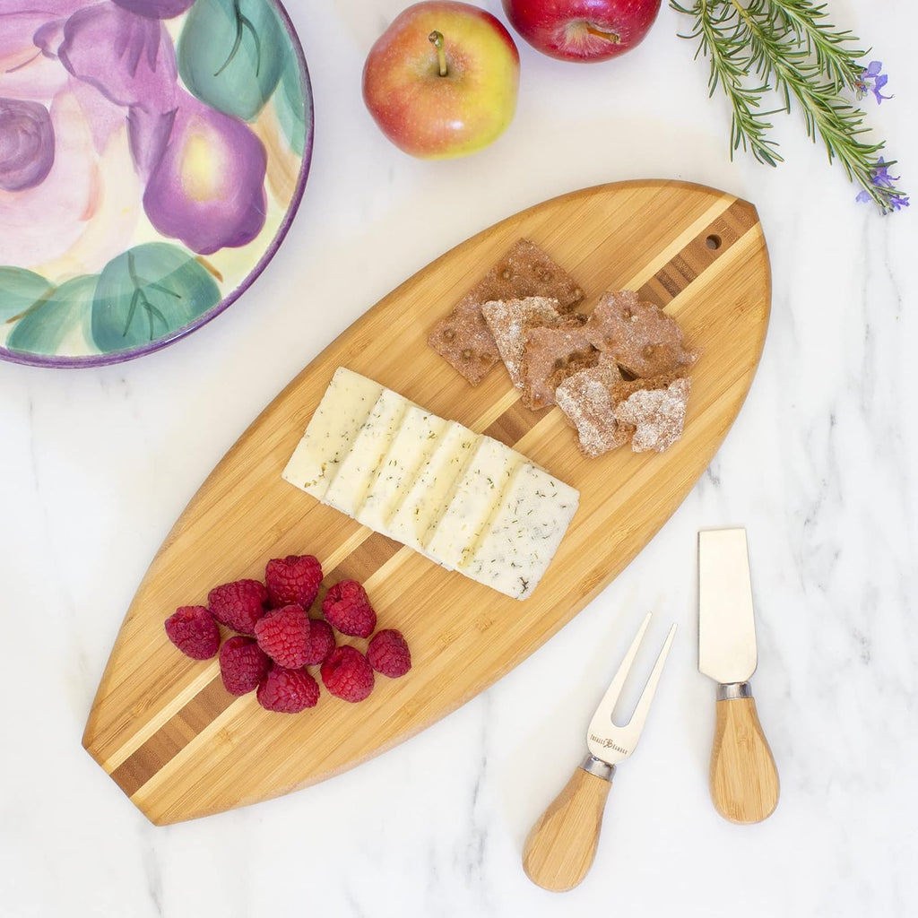 Totally Bamboo Lil Surfer Small Surfboard Cutting Board And Charcuterie Board, Bamboo Serving Platter With Wall Hang Tie, 14.5" X 6"