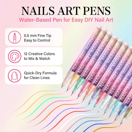 12 Colors Nail Art Pens Set, 2025 Upgrade Nail Art Markers, 0.5mm Fine Tip DIY Quick Dry Graffiti Dotting & Liner Pens for Gel Nails, 3D Nail Polish Pens for Painting, Nail Art Drawing Tool (1 Set)