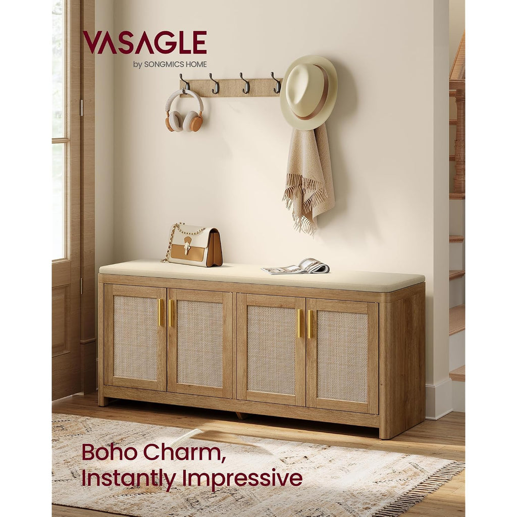 Vasagle Ellan Collection - Boho Shoe Bench With Cushion, Entryway Storage Bench With 4 Rattan-Look Cabinet Doors, Rounded Corners, Adjustable Shelf, For Bedroom Under Window, Natural Brown Ulsb502Kc01
