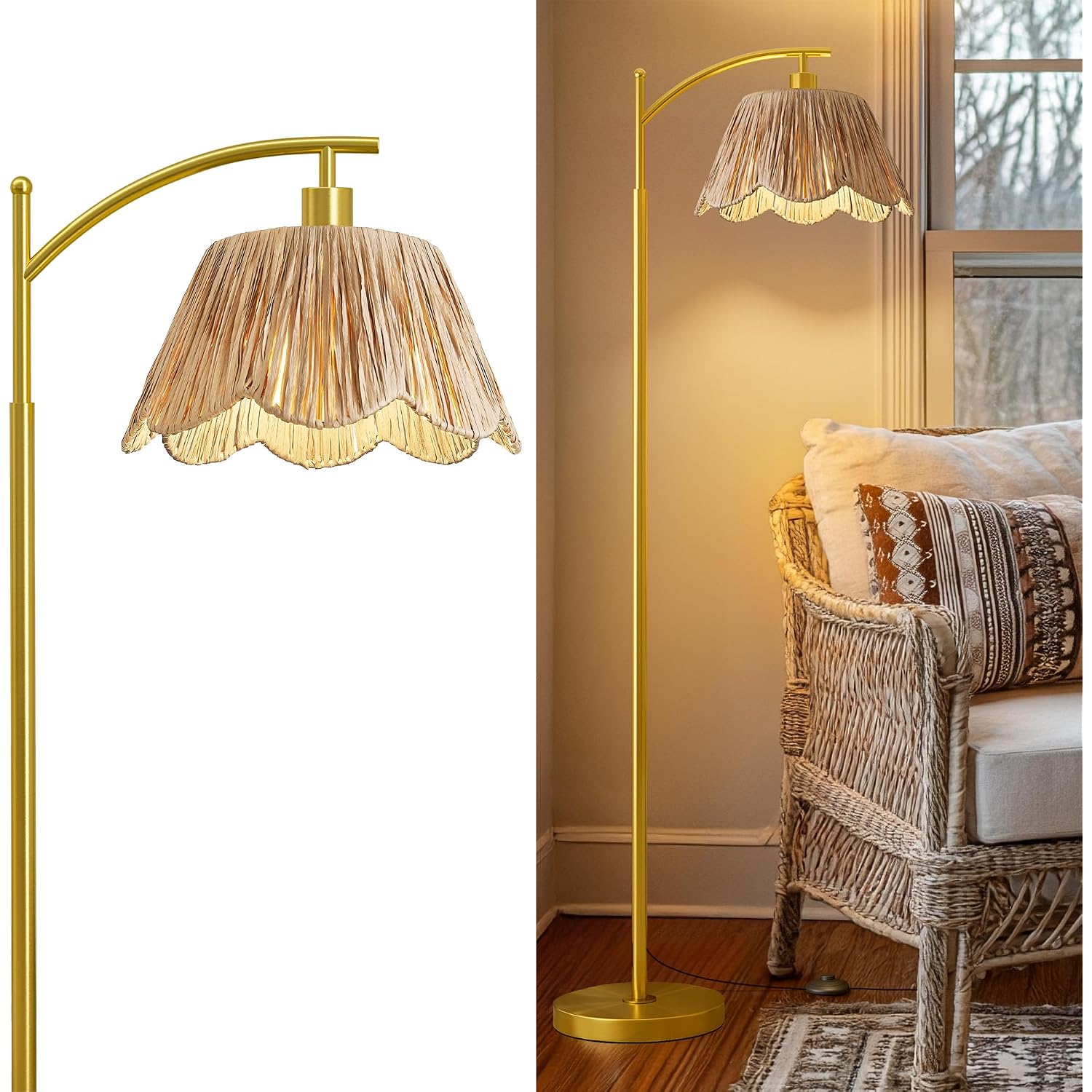 Arc Floor Lamp For Living Room,Rattan Boho Floor Lamp Decor With Hand-Woven Shade, Foot Switch,Gold Metal Base & Pole,Farmhouse Standing Lamp For Bedroom Corner,Reading