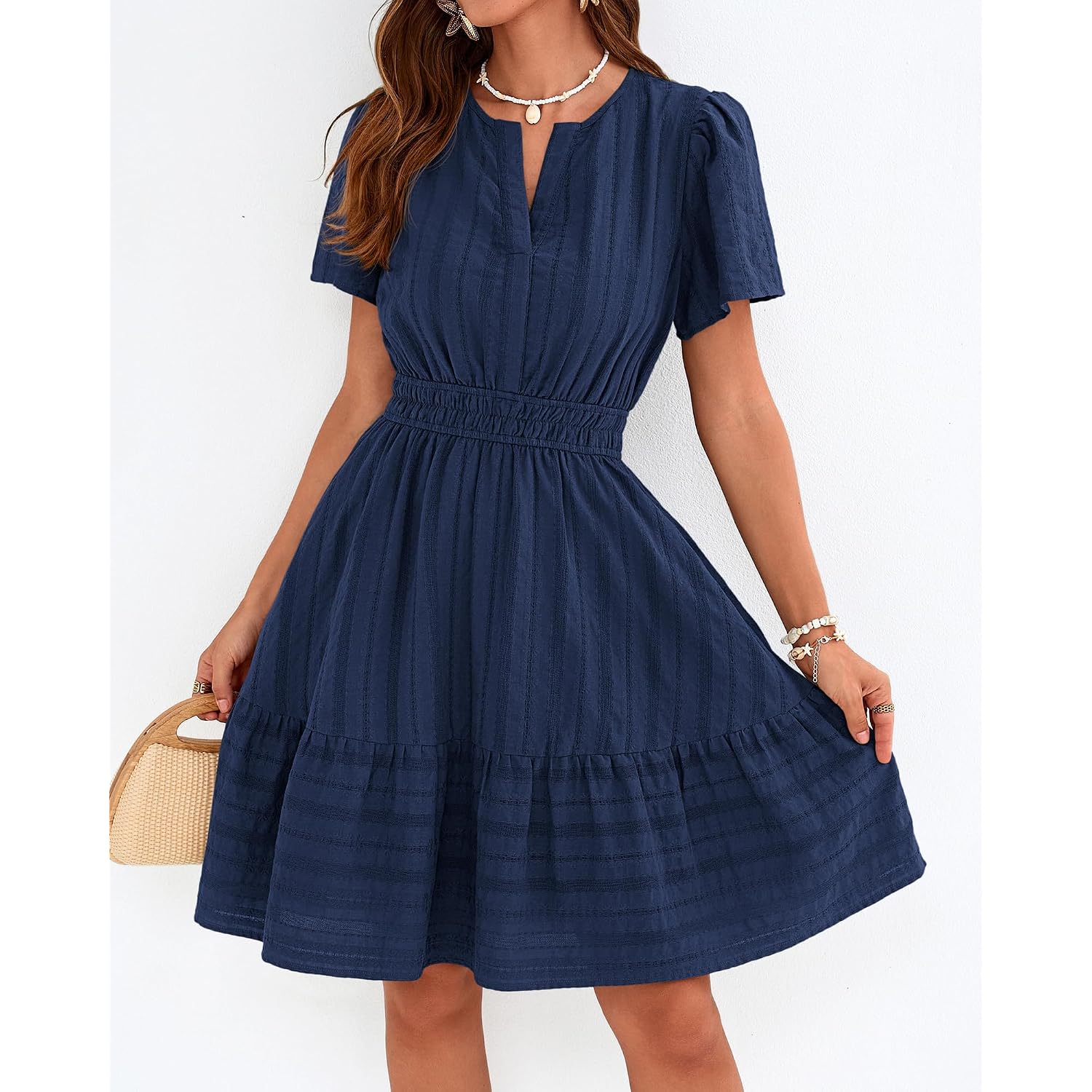 Btfbm Womens Summer 2026 Casual Mini Dresses Lightweight Short Sleeve V Neck Elastic Waist Cute Boho Beach Dress Pockets