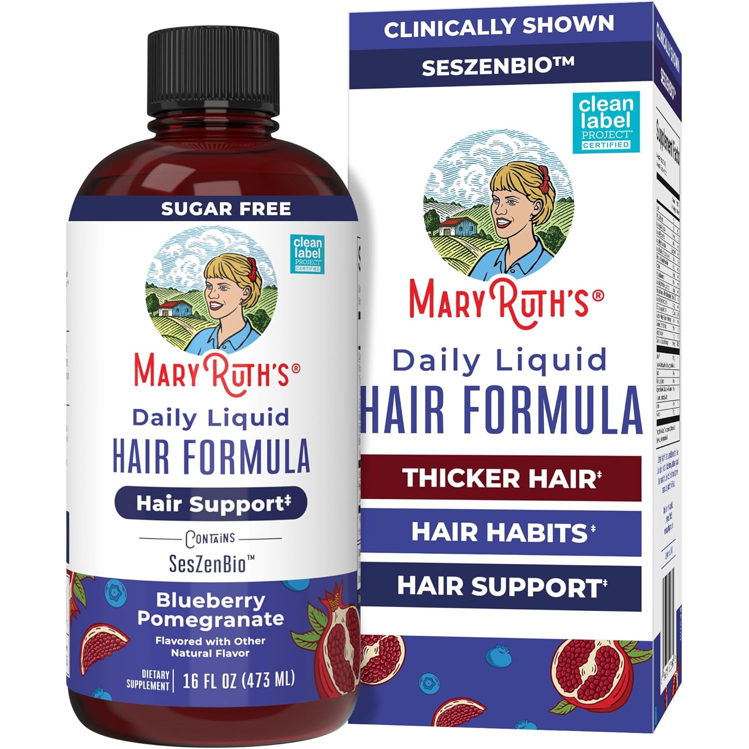 MARYRUTH'S Daily Liquid Hair Formula | With 500 mg SesZenBio™ + 2,500 mcg Biotin | Vitamin C | Thicker, Stronger Hair for Women | Hair, Skin, & Nail Health | Collagen Production | 16 Fl Oz