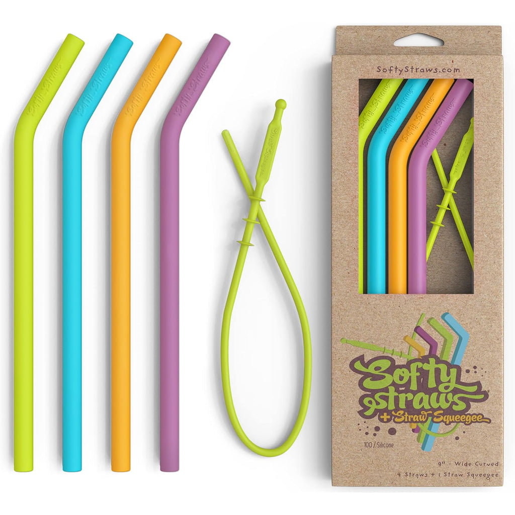 Wide Premium Reusable Silicone Drinking Straws + Patented Straw Squeegee - 9” Long With Curved Bend For 20 30 32 Oz Tumblers Non Rubber, Flexible, Safe For Kids/Toddlers, Smoothie