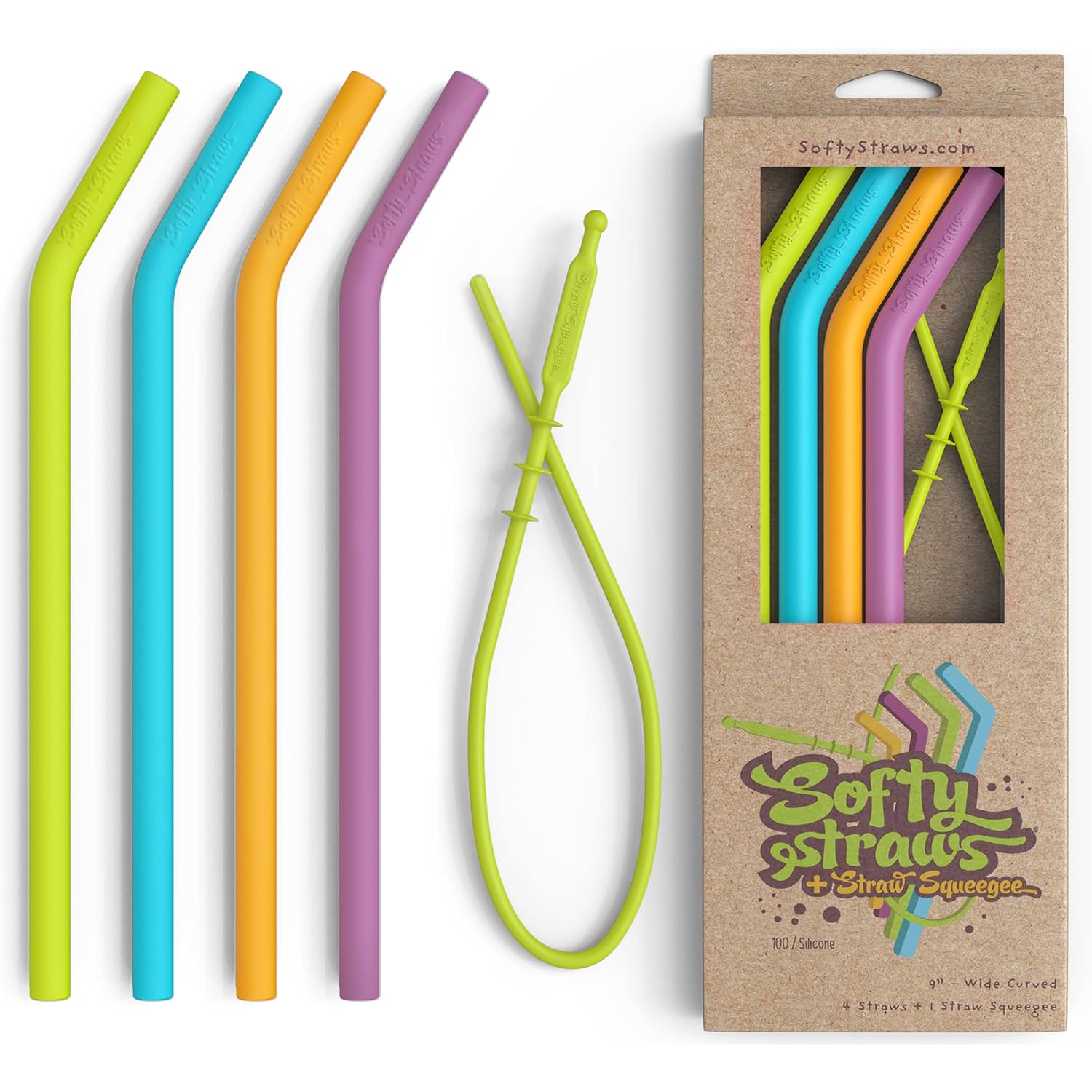 Wide Premium Reusable Silicone Drinking Straws + Patented Straw Squeegee - 9” Long With Curved Bend For 20 30 32 Oz Tumblers Non Rubber, Flexible, Safe For Kids/Toddlers, Smoothie
