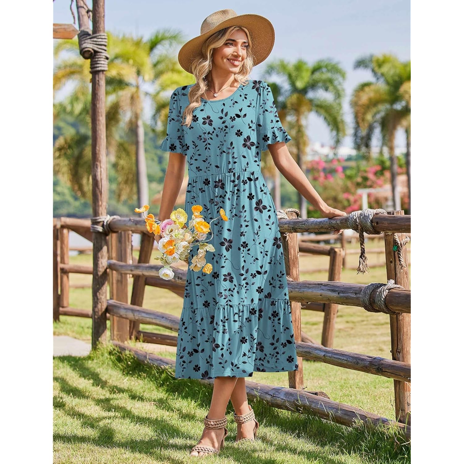 Womens Summer Dresses 2026 Casual Midi Dress Flowy Sundress Ruffle Short Sleeve Tiered Dresses A Line Boho Dress