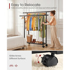 Double Rods Clothes Rack - Metal Clothing Rack With Fixed Double Rods, Rolling Wheels & Built-In Shelf For Closet, Bedroom, Laundry Storage (39" X 17" X 60", Black)