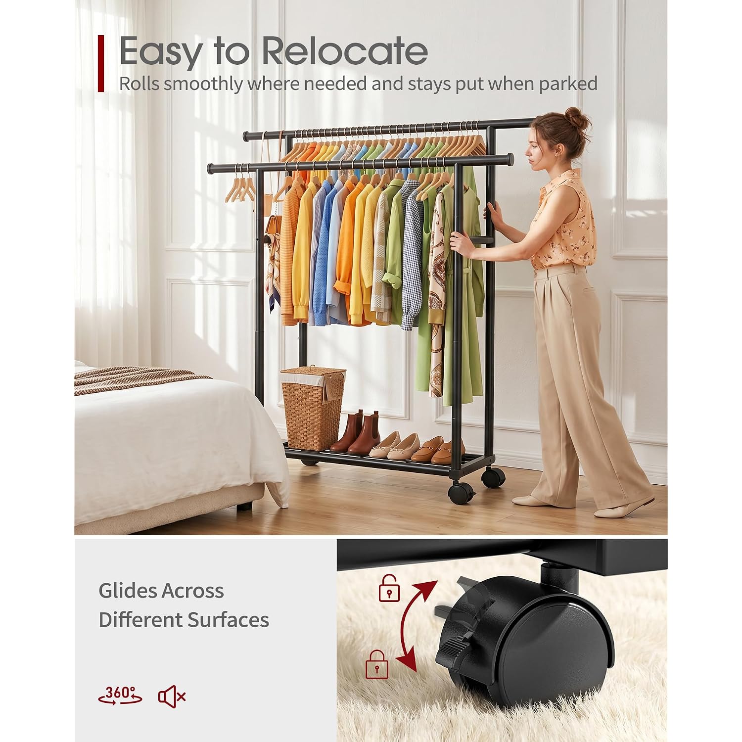 Double Rods Clothes Rack - Metal Clothing Rack With Fixed Double Rods, Rolling Wheels & Built-In Shelf For Closet, Bedroom, Laundry Storage (39" X 17" X 60", Black)