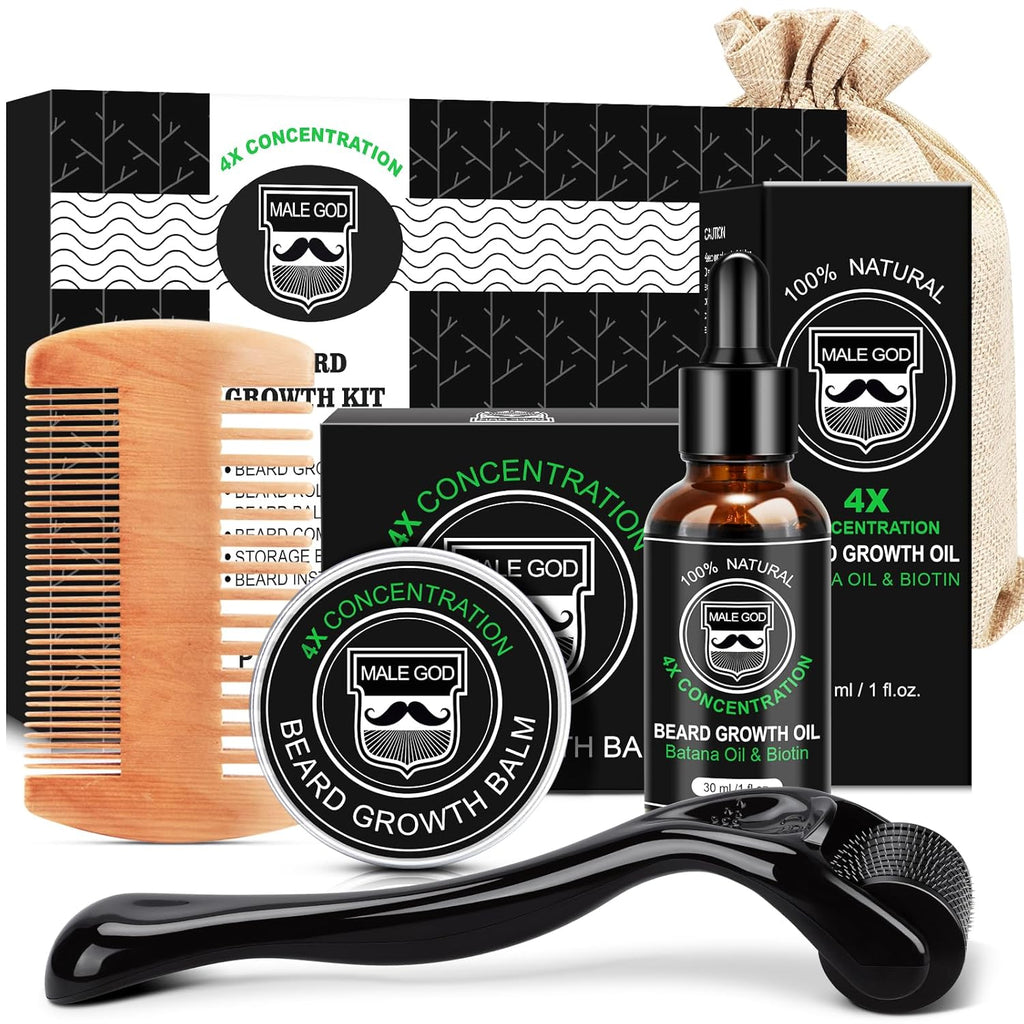 MALE GOD Beard Kit, Beard Growth Kit w/Natural Ingredients Beard Oil & Balm & Comb, Beard Growth Oil w/4X Thickening Biotin, Chrismtas | Anniversary | Birthday Gifts for Men Him Husband Boyfriend, Dad