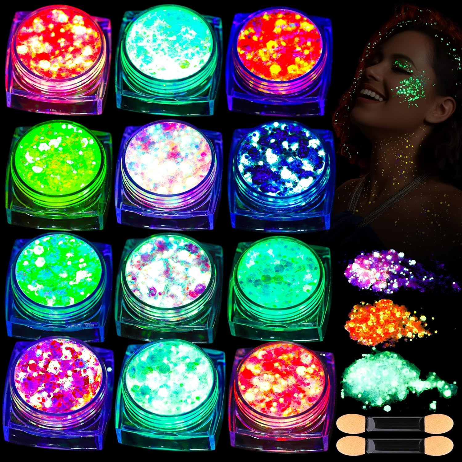 Teenitor 12 Colors Glow in The Dark Glitter Gel, Face Glitter Body Glitter Gel Hair Glitter for UV Black Light Carnival Makeup Raves Festivals
