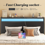 Fluest Queen Bed Frame with Headboard & Footboard, Bed Frame with Built-in Charging Station & LED Light, Storage Shelf, Noise-Free, No Box Spring Needed, Easy Assembly, Classic Black