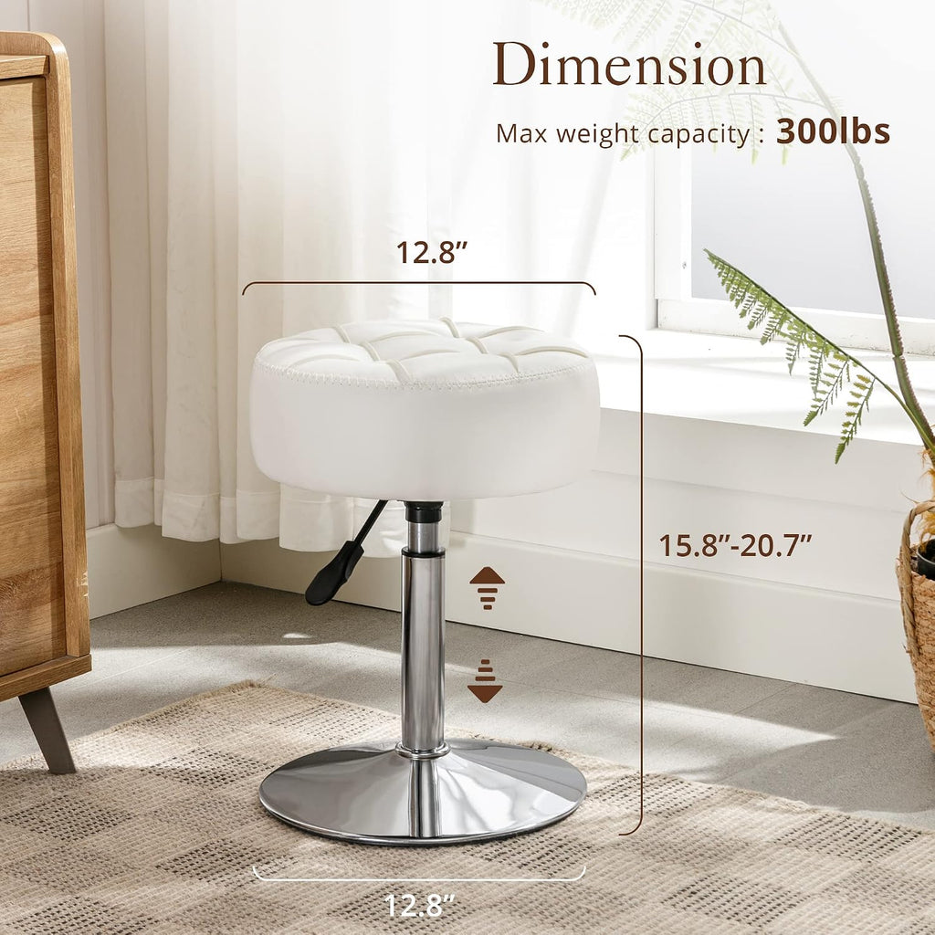 Lue Bona Adjustable Vanity Stool, 360 Swivel Chair For Makeup Room, White Faux Leather Stool For Bathroom & Living Room