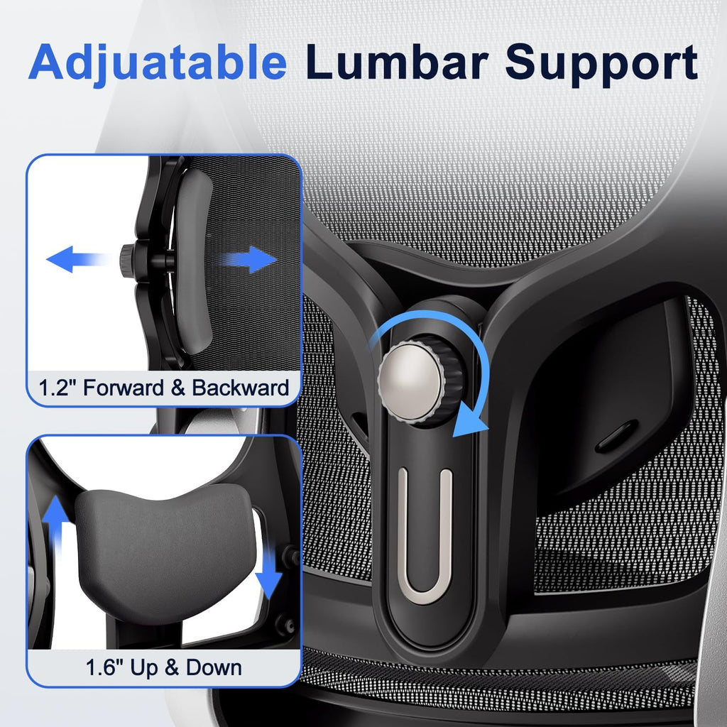 Marrap Ergonomic Office Chair, Mesh Desk Chair With 3D Armrests, Adjustable Lumbar Support And Headrest, 90-120° Rocking Function, Black