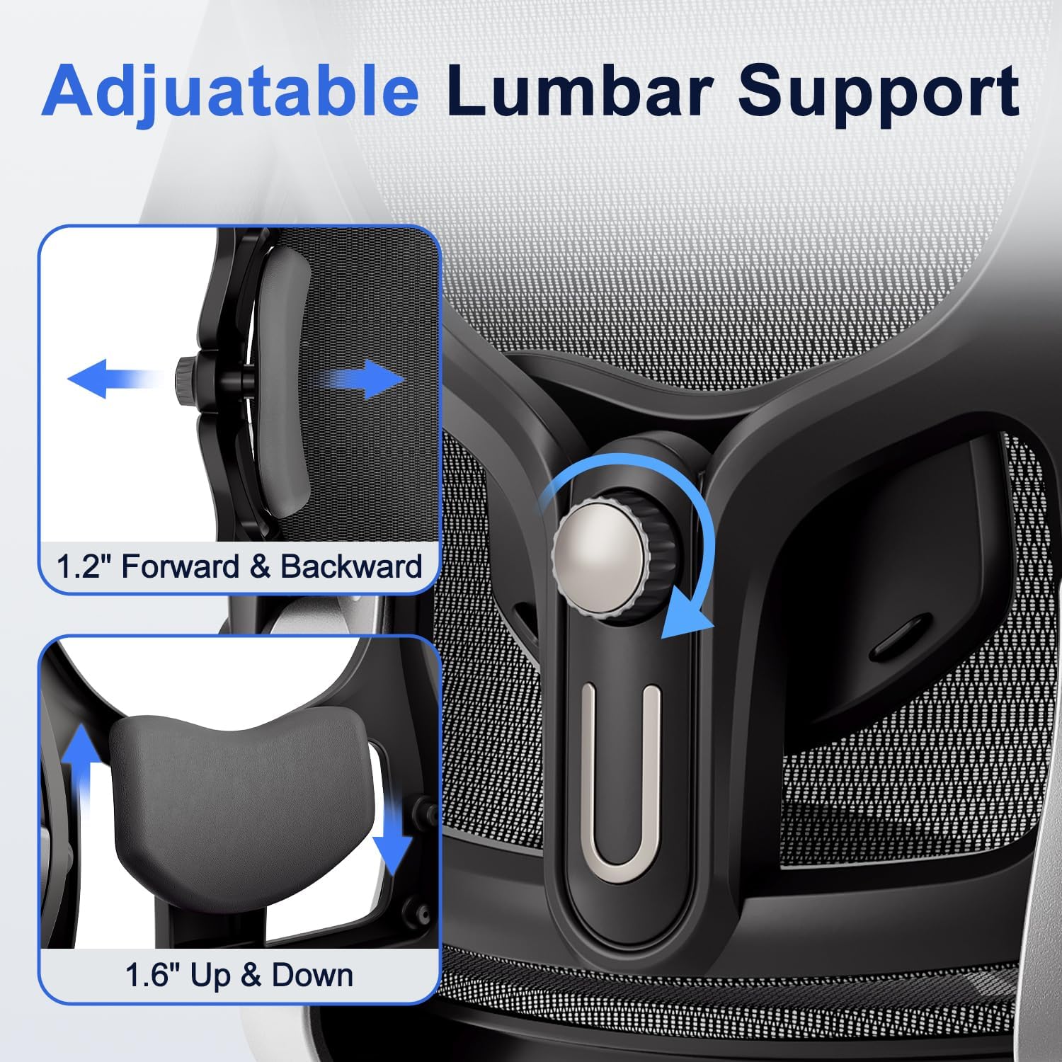 Marrap Ergonomic Office Chair, Mesh Desk Chair With 3D Armrests, Adjustable Lumbar Support And Headrest, 90-120° Rocking Function, Black
