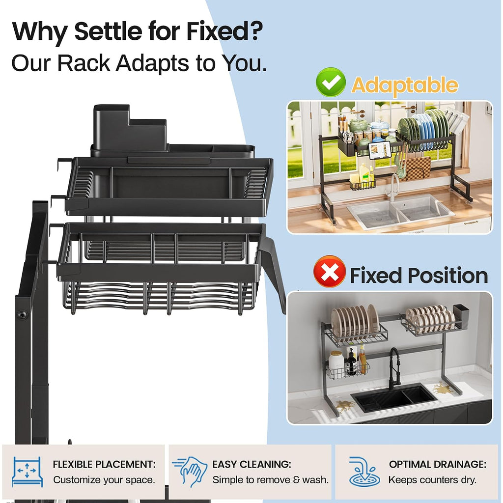 Adbiu Over The Sink Dish Drying Rack (Expandable Height And Length) Snap-On Design 2 Tier Large Dish Rack