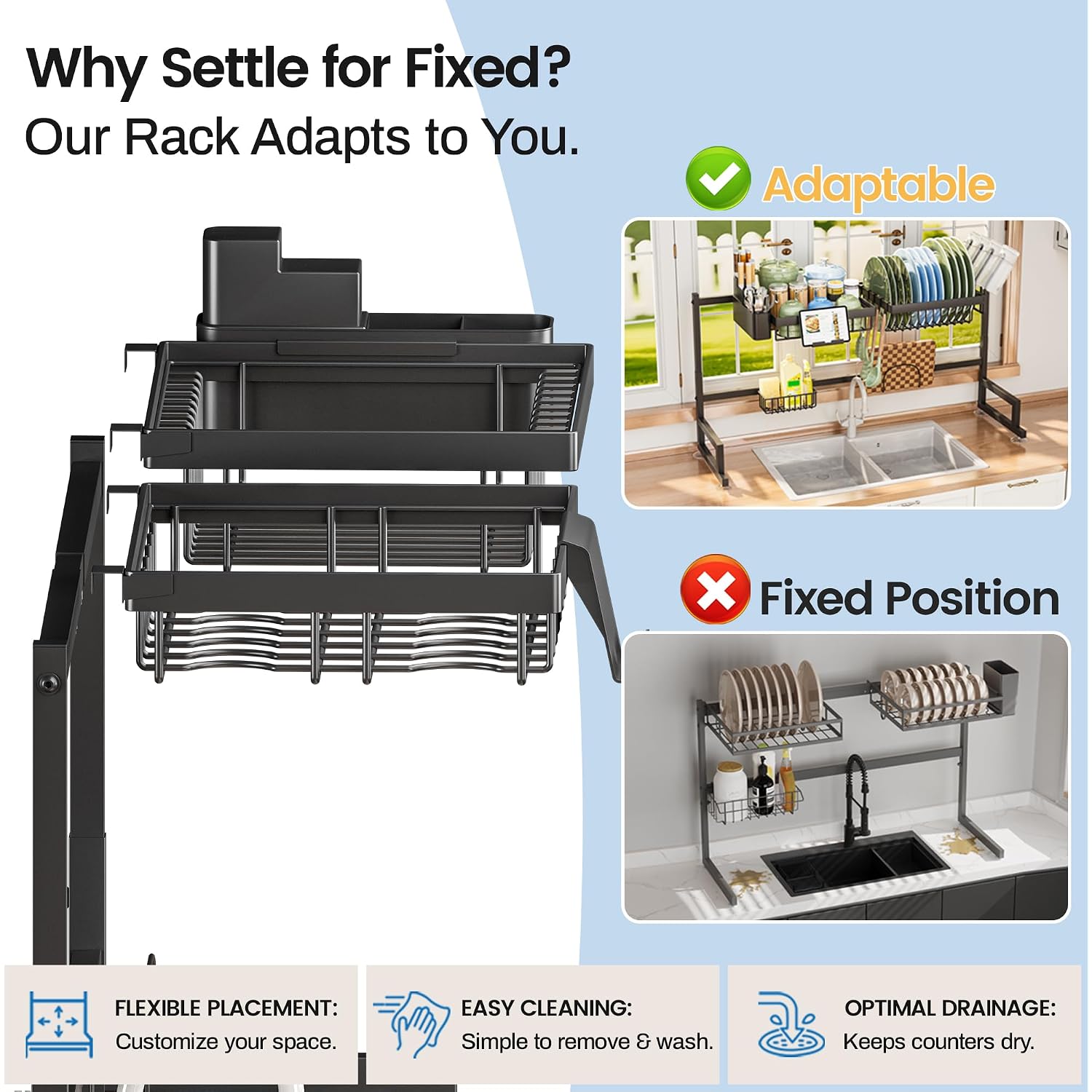 Adbiu Over The Sink Dish Drying Rack (Expandable Height And Length) Snap-On Design 2 Tier Large Dish Rack