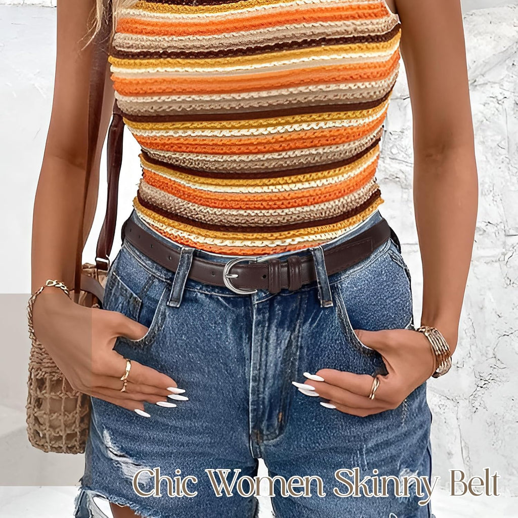 SANSTHS Women Leather Belt for Jeans Pants Fashion Ladies Skinny Belt for Dresses Thin Belt with Single Prong Buckle