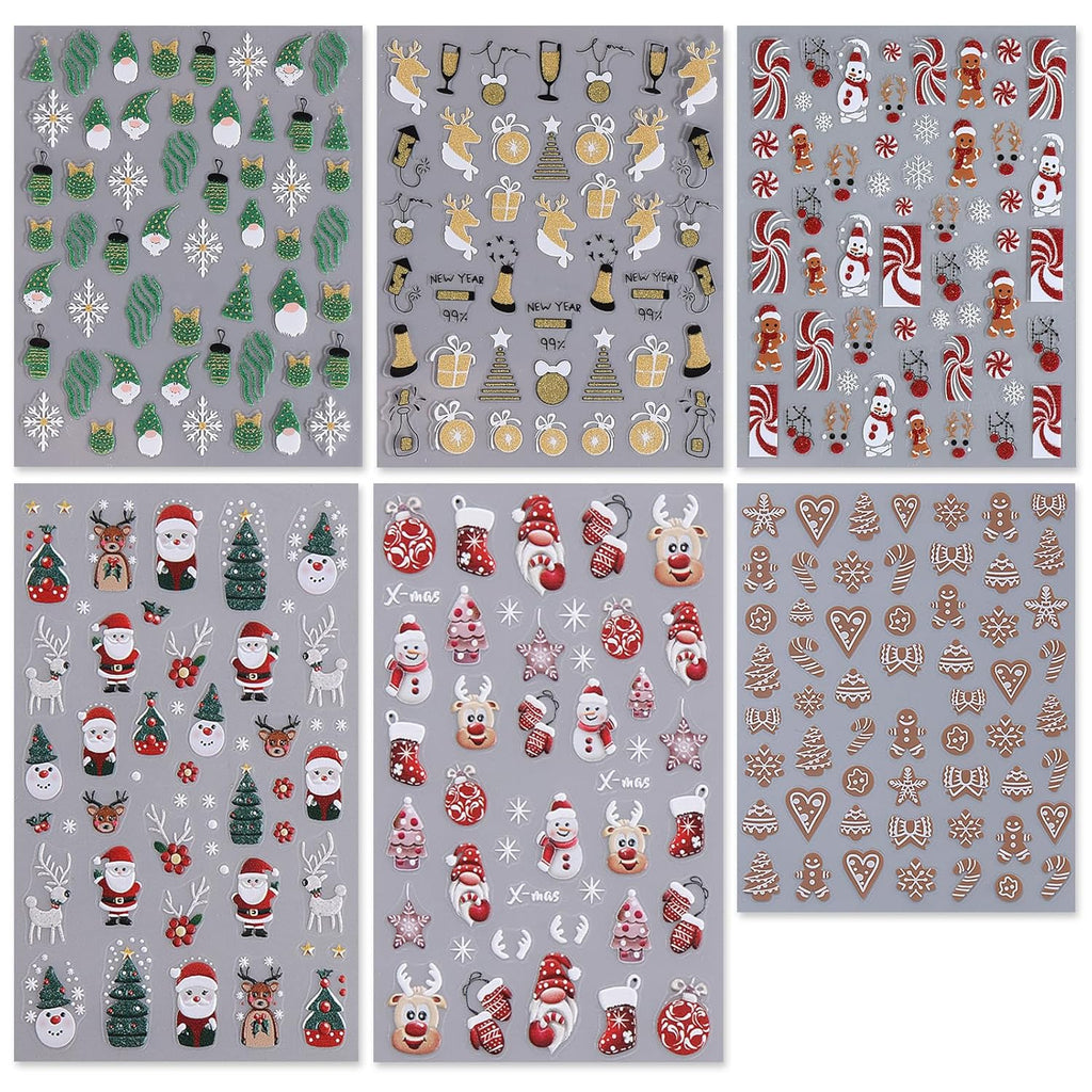 IDDFEVE Christmas Nail Art Stickers, Self-Adhesive Green Santa Hat Snowflake Elk Xmas Tree Design for Holiday Nail Decals, Pegatinas Uñas Navidad DIY Decorations (6 Sheets)