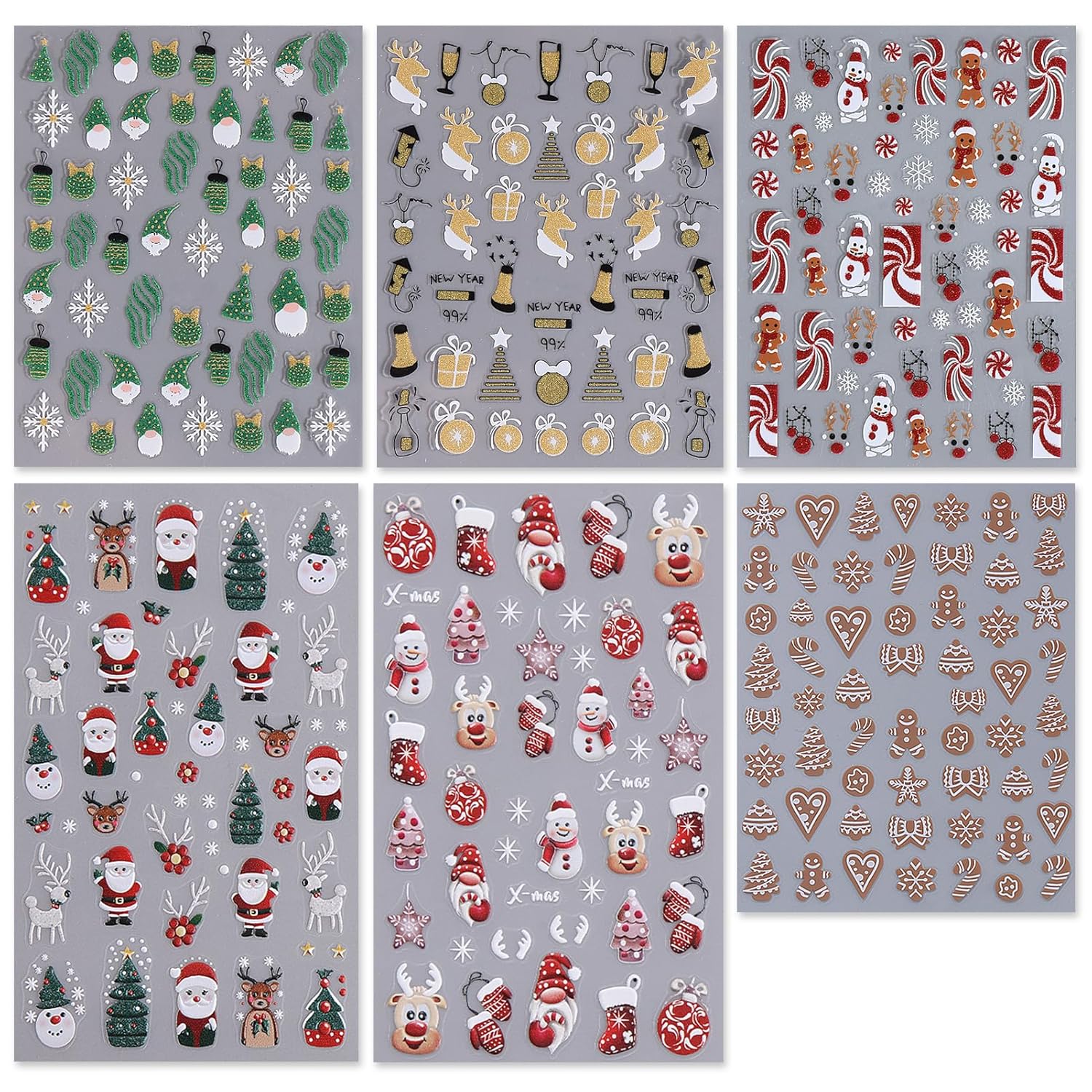 IDDFEVE Christmas Nail Art Stickers, Self-Adhesive Green Santa Hat Snowflake Elk Xmas Tree Design for Holiday Nail Decals, Pegatinas Uñas Navidad DIY Decorations (6 Sheets)