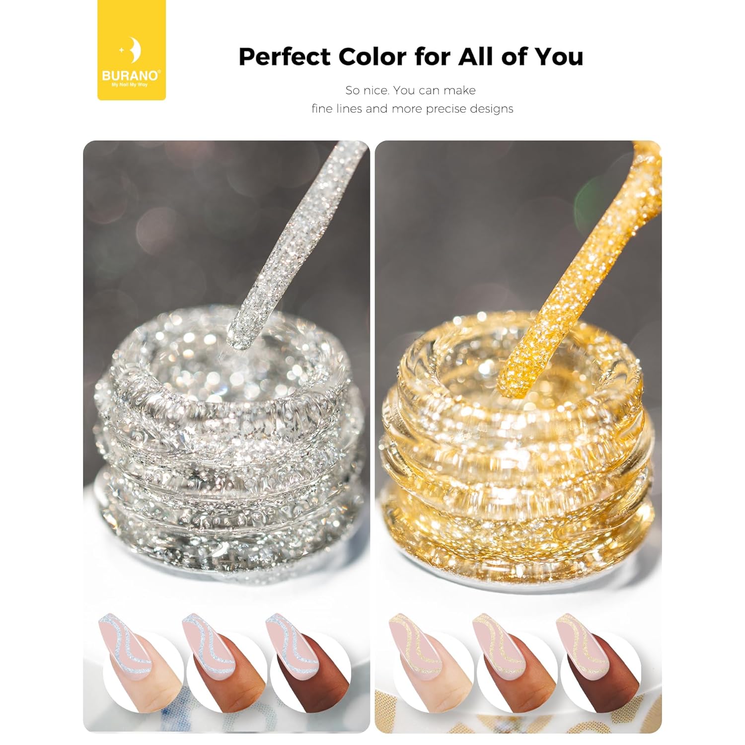 BURANO Holographic Gel Nail Polish Liner Nail Art Polish, Silver Gold Reflective Glitter Painted Gel Nail Design Polish 2 Bottle 8ml, Build in Thin Nail Brush Curing Required LX17 LX13