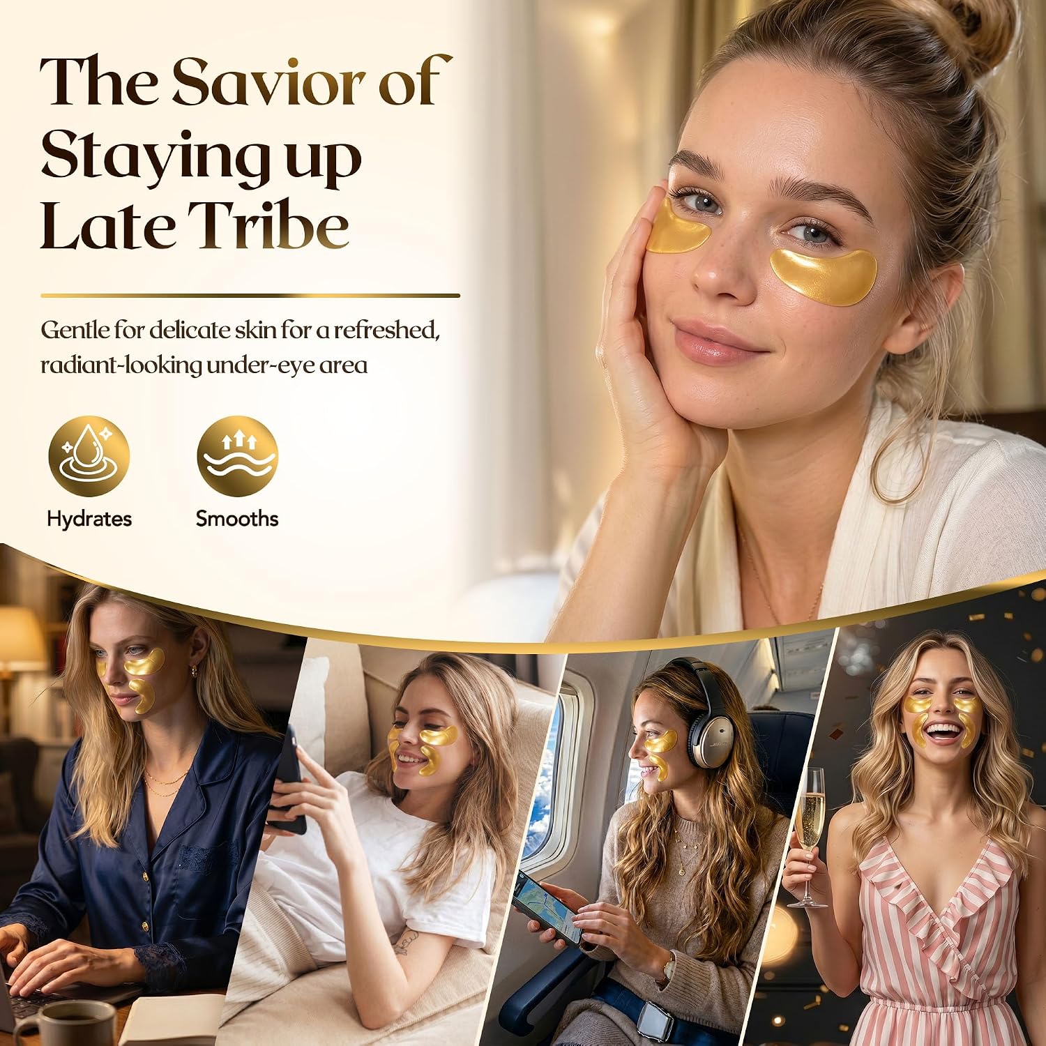16 Pcs 24K Gold Collagen Under Eye Patches & Smile Line Patches | Sodium Hyaluronate & Cica Eye Masks For Plump,Smooth-Looking Under Eyes,Ideal For Late Nights And Screen Time