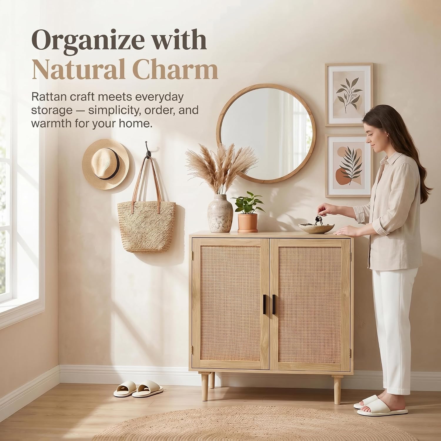 Finnhomy Sideboard Buffet Cabinet, Kitchen Storage Sideboard With Rattan Decorated Doors, Liquor Coffee Buffet, Dining Room, Hallway, Console Table, Accent Cabinet, 31.5X 15.8X 34.6 Inches, Natural