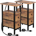 Narrow Nightstand With Charging Station, End Tables Living Room Set Of 2, Skinny Side Table With Fabric Drawers, Slim Sofa Table For Bedroom, Small Spaces, Couch, Rustic Brown, Hetndp02Pbr