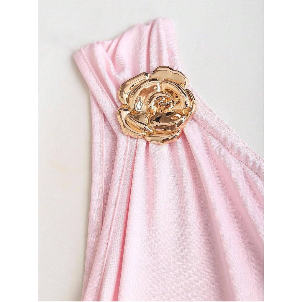 Floerns Women'S Mini Dress Off The Shoulder Metal Floral Sleeveless Layered Hem Going Out Dresses