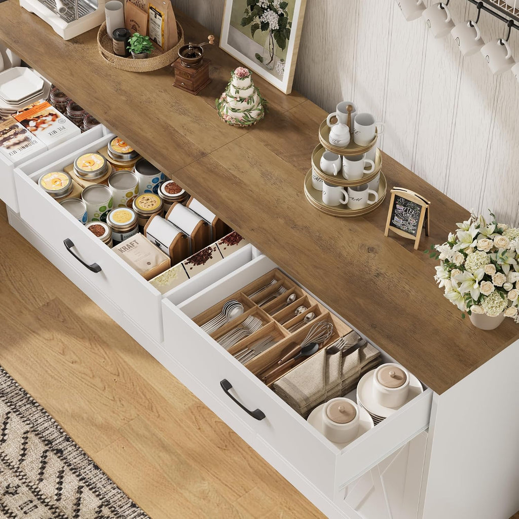 Hostack 71"W Farmhouse Kitchen Sideboard Buffet Cabinet With Storage, White | Large Coffee Bar Cabinet With 3 Wide Drawers, Long Buffet Table With Shelves, Kitchen Storage Cabinet For Dining Room