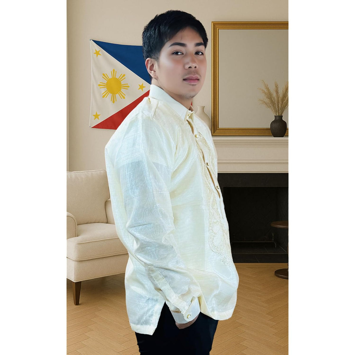 Barong Tagalog For Men, Long Sleeve Traditional Filipino Shirt, Organza With Pina Embroidery - Us Size