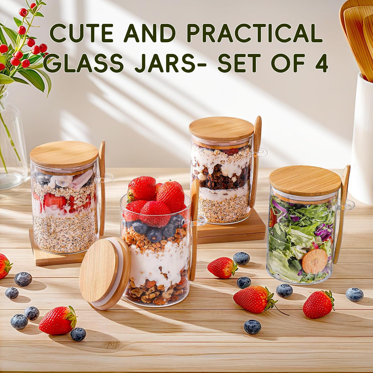 Mhdcly Overnight Oats Containers With Lids,16Oz Overnight Oats Jars 4 Pack, Oatmeal Cups,Meal Prep Containers,Glass Meal Prep Containers With Lids,China Pudding Jars