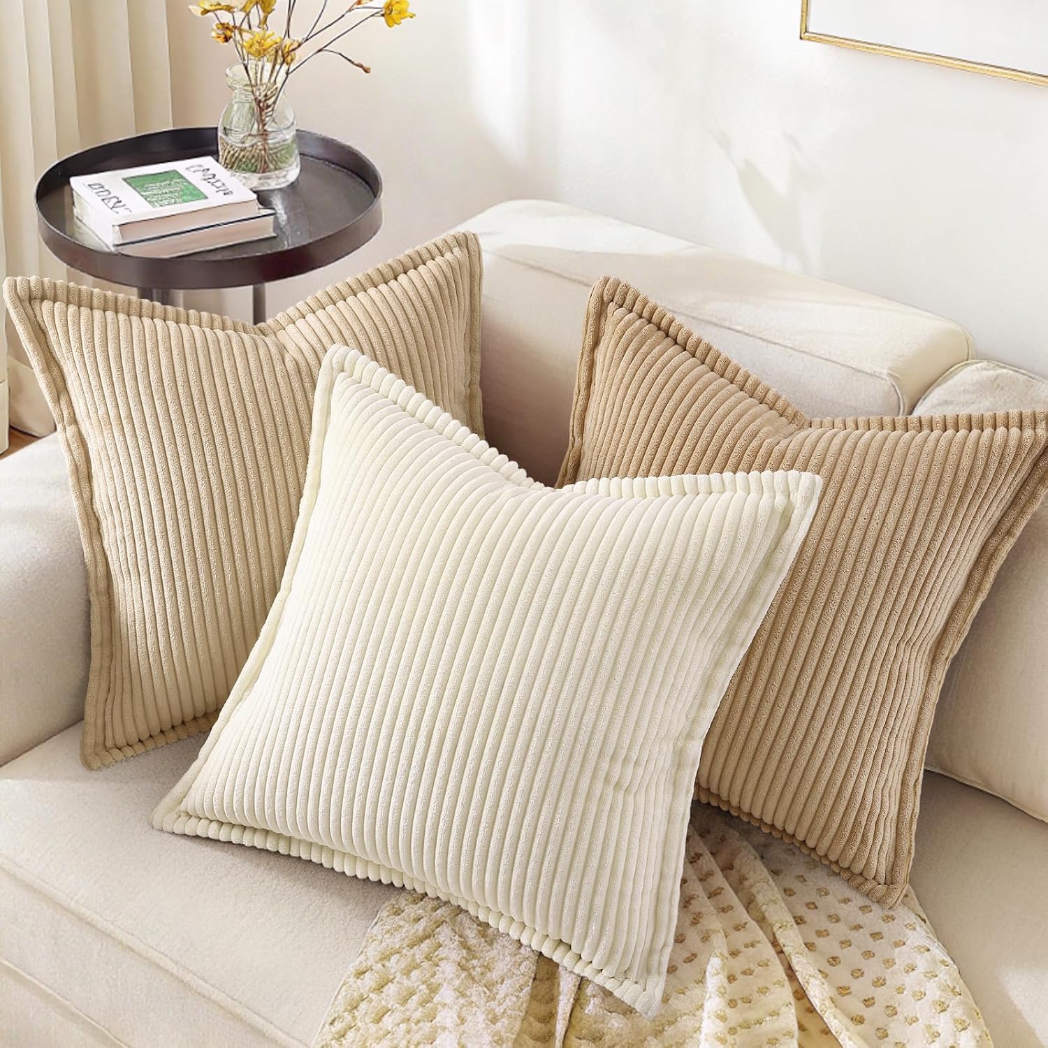 Decoruhome Fall Corduroy Cream White Throw Pillow Covers 18X18 Set Of 2 Decorative Soft Boho Farmhouse Couch Pillow Covers For Living Room Bed Sofa Broadside Striped Pillow Cases