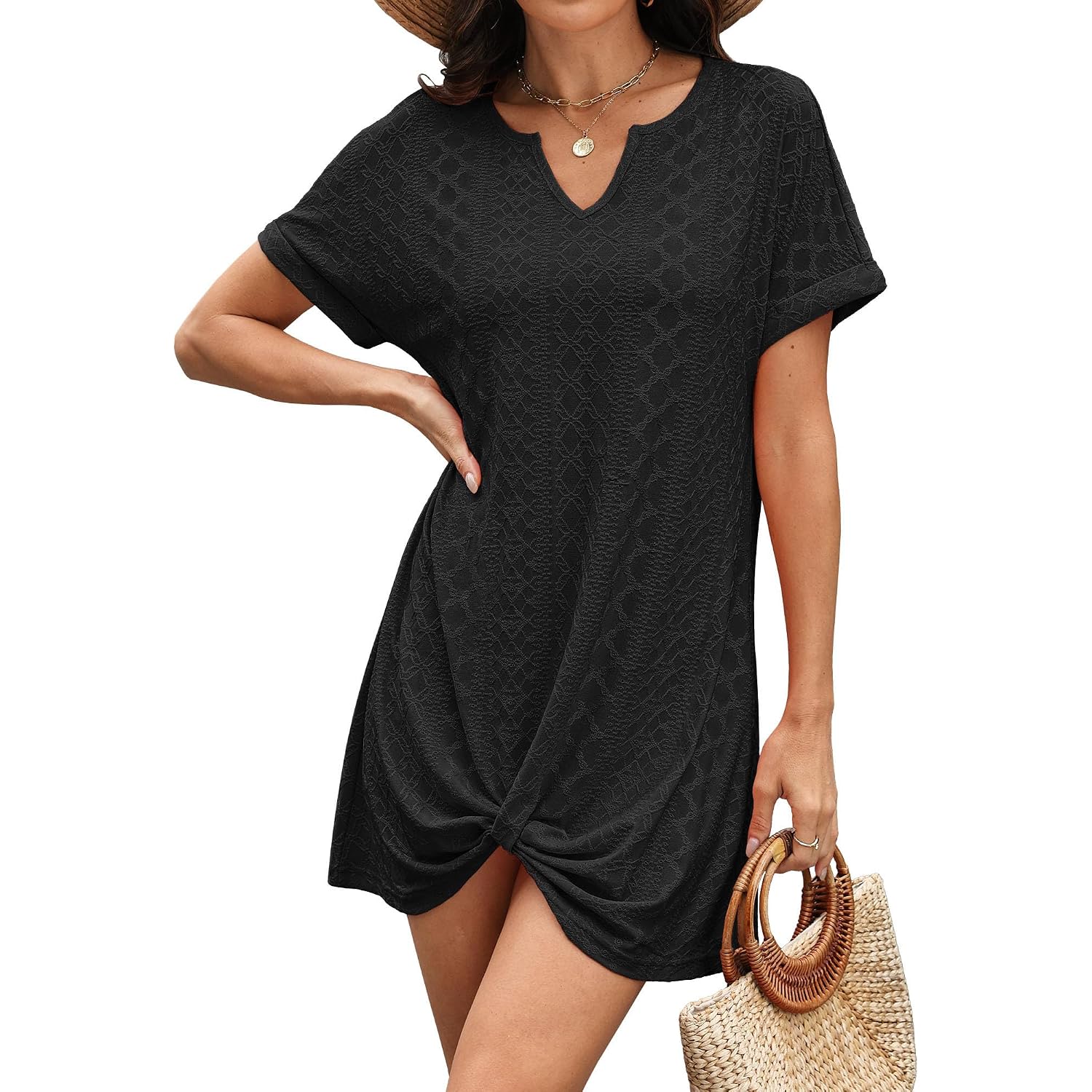 Swimsuit Cover Up Eyelet Short Sleeve Summer Dresses For Women Twisted Beach Vacation Clothes