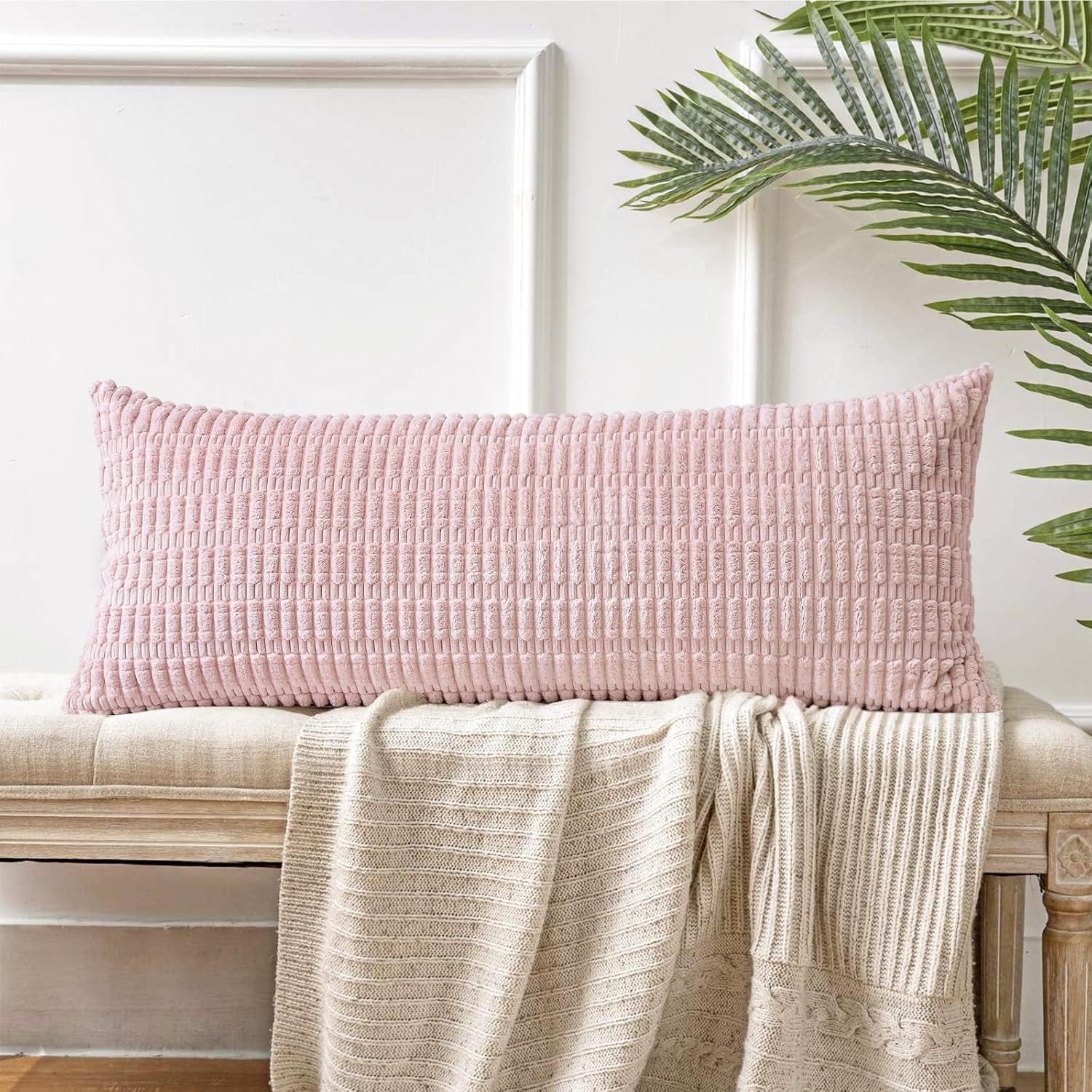 Otostar Corduroy Decorative Lumbar Throw Pillow Cover 14X36 Inch Super Soft Boho Striped Rectangle Pillow Covers Case Modern Cushion Covers For Sofa Couch Bedroom Car Decor Pink