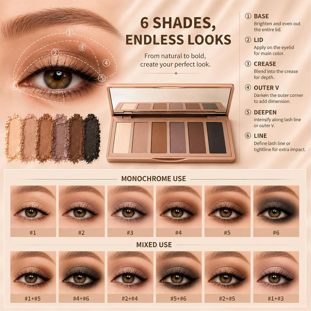 Eyeshadow Palette, 6-Color Brown Shades With 2 Brushes For Daily | Neutral Eyeshadow Palette,Travel, Daily Use, Easy To Clean,Portable,Makes A Great Gift