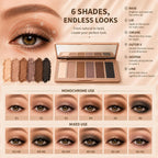 Eyeshadow Palette, 6-Color Brown Shades With 2 Brushes For Daily | Neutral Eyeshadow Palette,Travel, Daily Use, Easy To Clean,Portable,Makes A Great Gift
