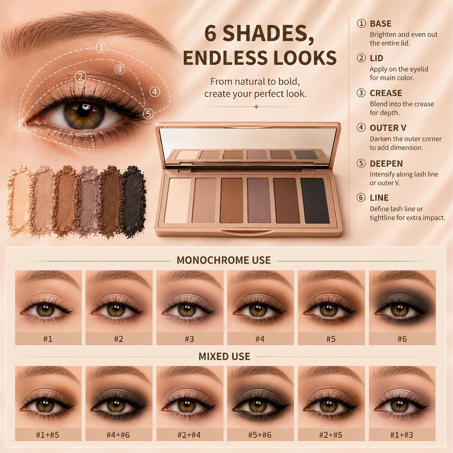 Eyeshadow Palette, 6-Color Brown Shades With 2 Brushes For Daily | Neutral Eyeshadow Palette,Travel, Daily Use, Easy To Clean,Portable,Makes A Great Gift