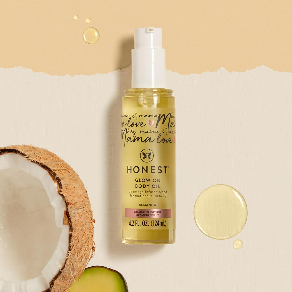 The Honest Company Mama Hydrating And Soothing Glow On Body Belly Oil, Plant Based Hypoallergenic, Fragrance-Free, 4.2 Fl Oz