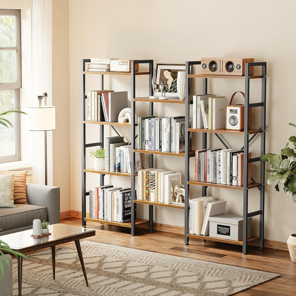 Superjare Triple Bookshelf, Bookcase With 11 Open Display Shelves, Wide Book Shelf Book Case For Home & Office, 4 Tier, Brown