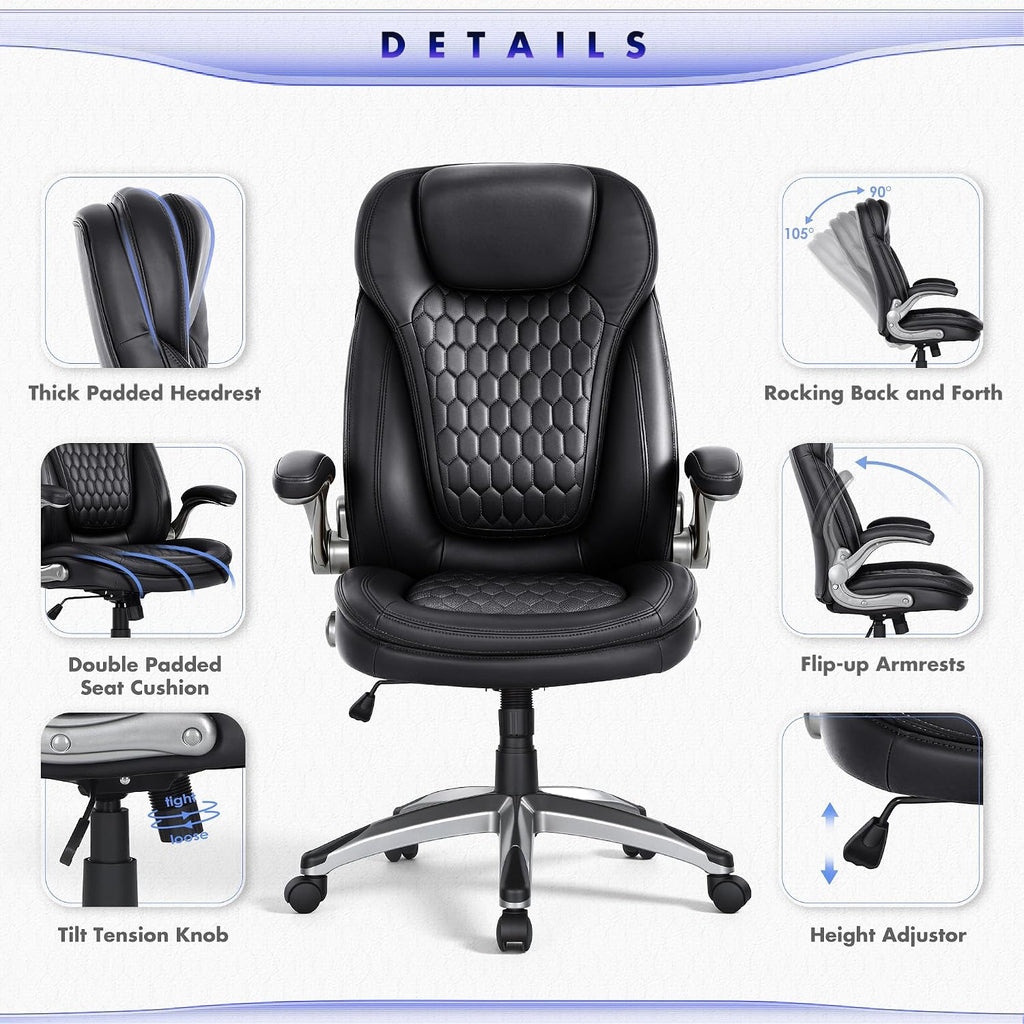Colamy Executive Office Chair-Ergonomic Computer Desk Chair, High Back Leather Chair With Padded Flip-Up Arms, Swivel Home Office Chair, Black