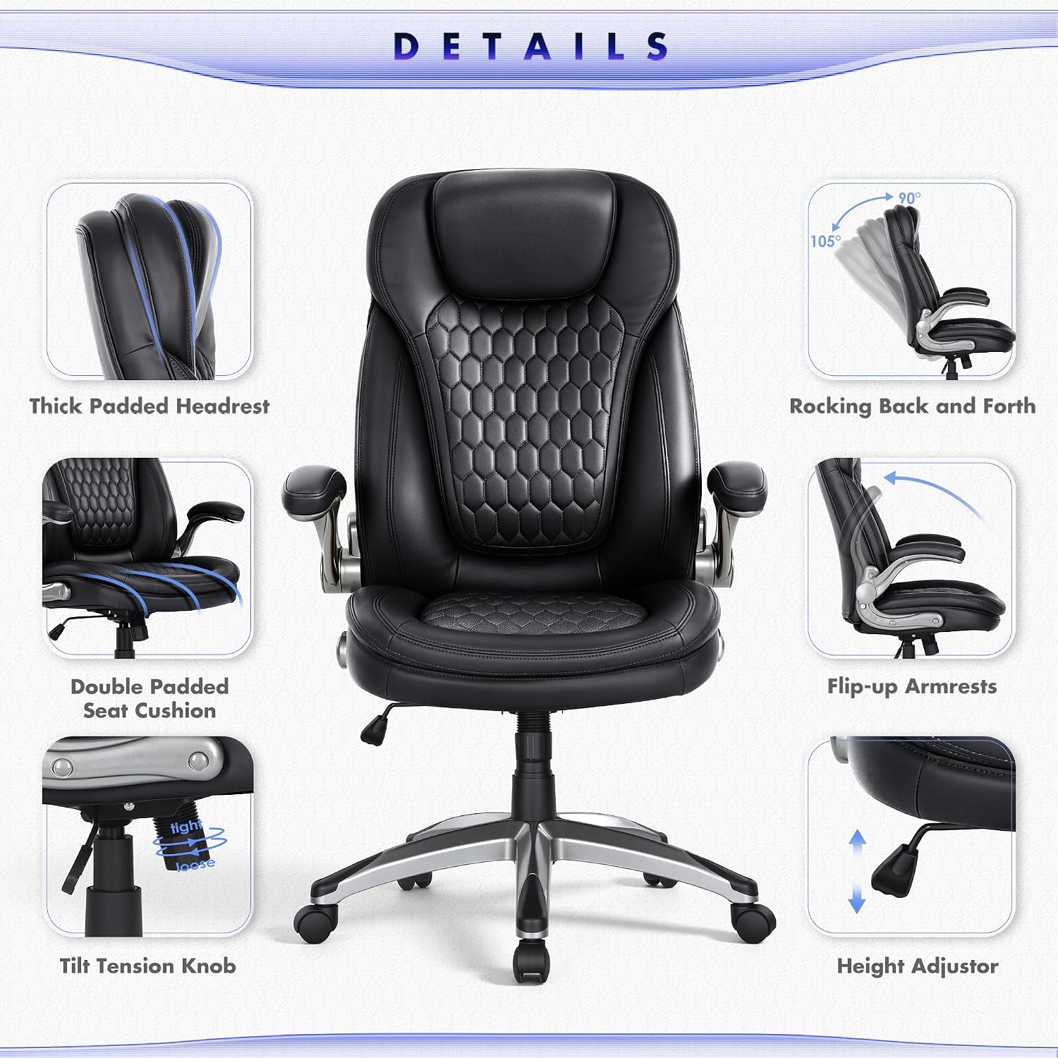 Colamy Executive Office Chair-Ergonomic Computer Desk Chair, High Back Leather Chair With Padded Flip-Up Arms, Swivel Home Office Chair, Black