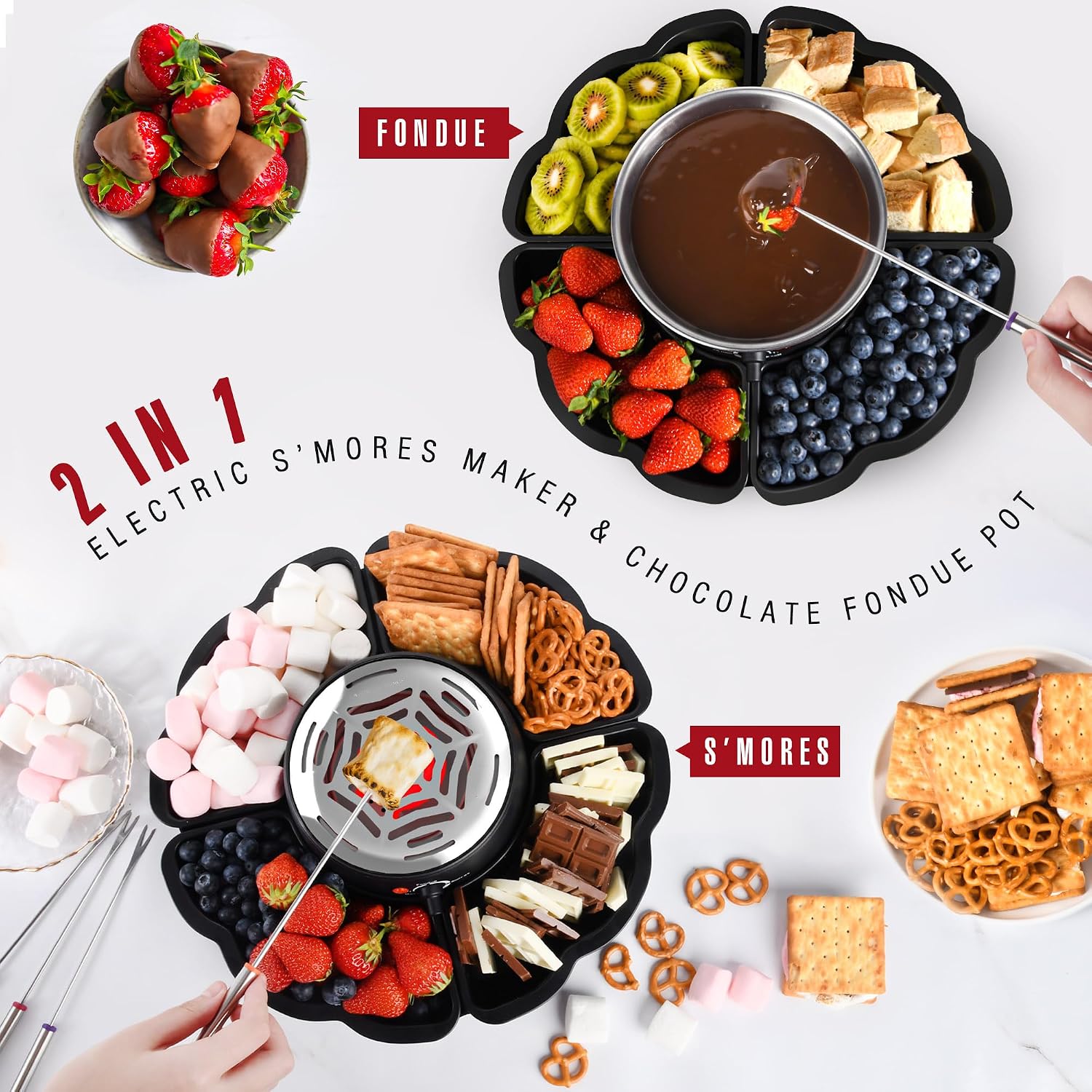2 In 1 Electric S’Mores Maker & Fondue Pot, Tabletop Indoor Smores Kit With 4 Roasting Forks, 4 Detachable Trays & 1 Flameless Temperature-Controlled Heater, Movie Night Supplies & Housewarming Gifts
