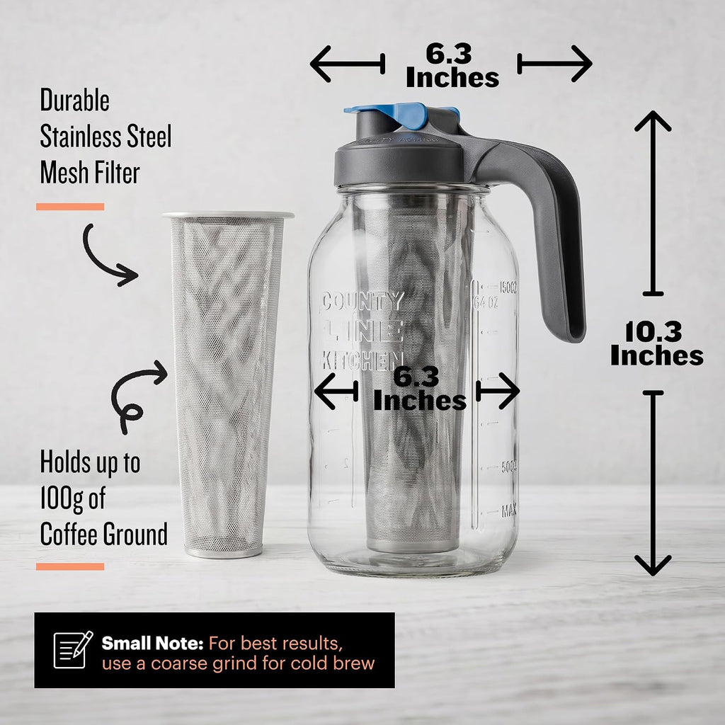 County Line Kitchen 64 Oz Glass Cold Brew Coffee Maker With Leak-Proof Lid, Wide Mouth Mason Jar - Iced Coffee And Tea Pitcher - Gray