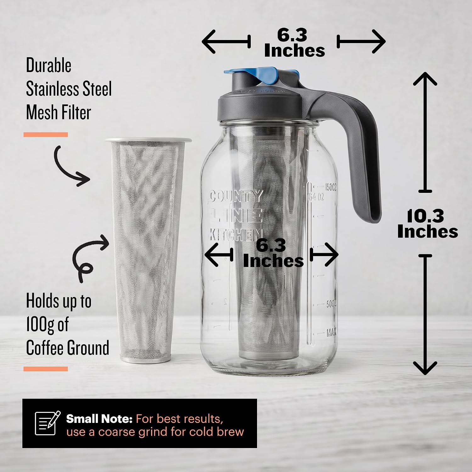 County Line Kitchen 64 Oz Glass Cold Brew Coffee Maker With Leak-Proof Lid, Wide Mouth Mason Jar - Iced Coffee And Tea Pitcher - Gray
