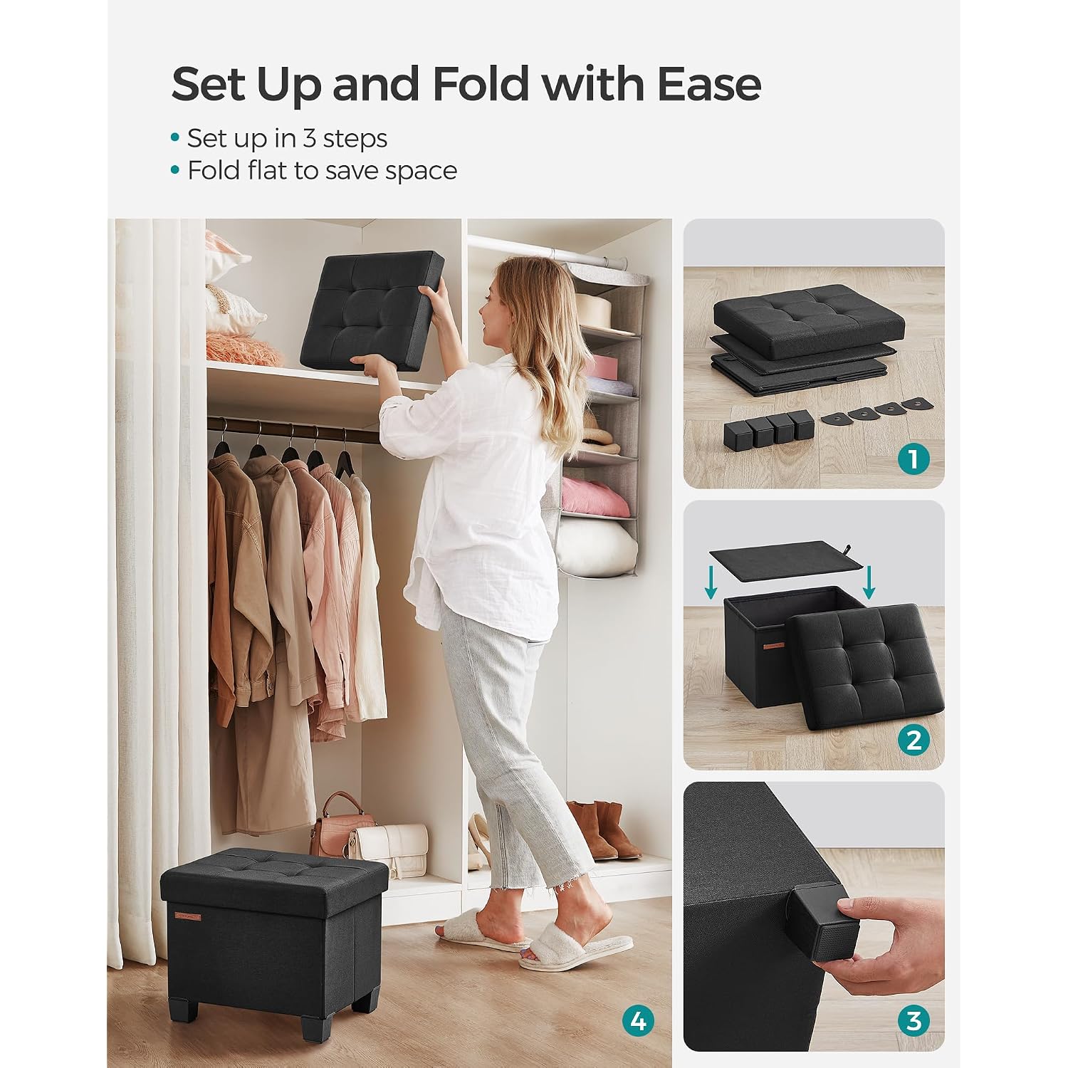Songmics Storage Ottoman, Small Ottoman Foot Rest With Legs, 12.6 X 15.7 X 13.2 Inches Foot Stool, Load Up To 660 Lb, For Living Room, Bedroom, Dorm, Ink Black Ulsf012B01