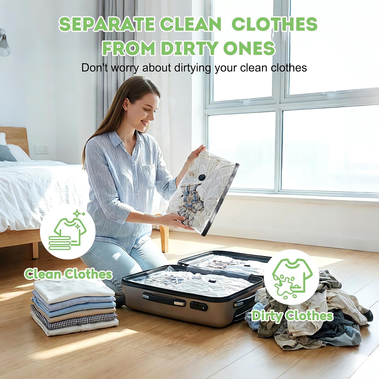 15 Pack Vacuum Seal Bags For Clothing Travel With -60000Pa Usb Pump, Save 80% Of Space For Clothes (15 Combo Size)