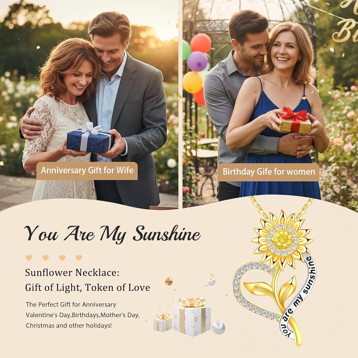 Gift for Wife Women-18k Gold Plated Sunflower Necklace for Women Anniversary Birthday Gold Jewelry You Are My Sunshine Pendant Necklaces Gifts for Her Girlfriend Mom Grandma Daughter