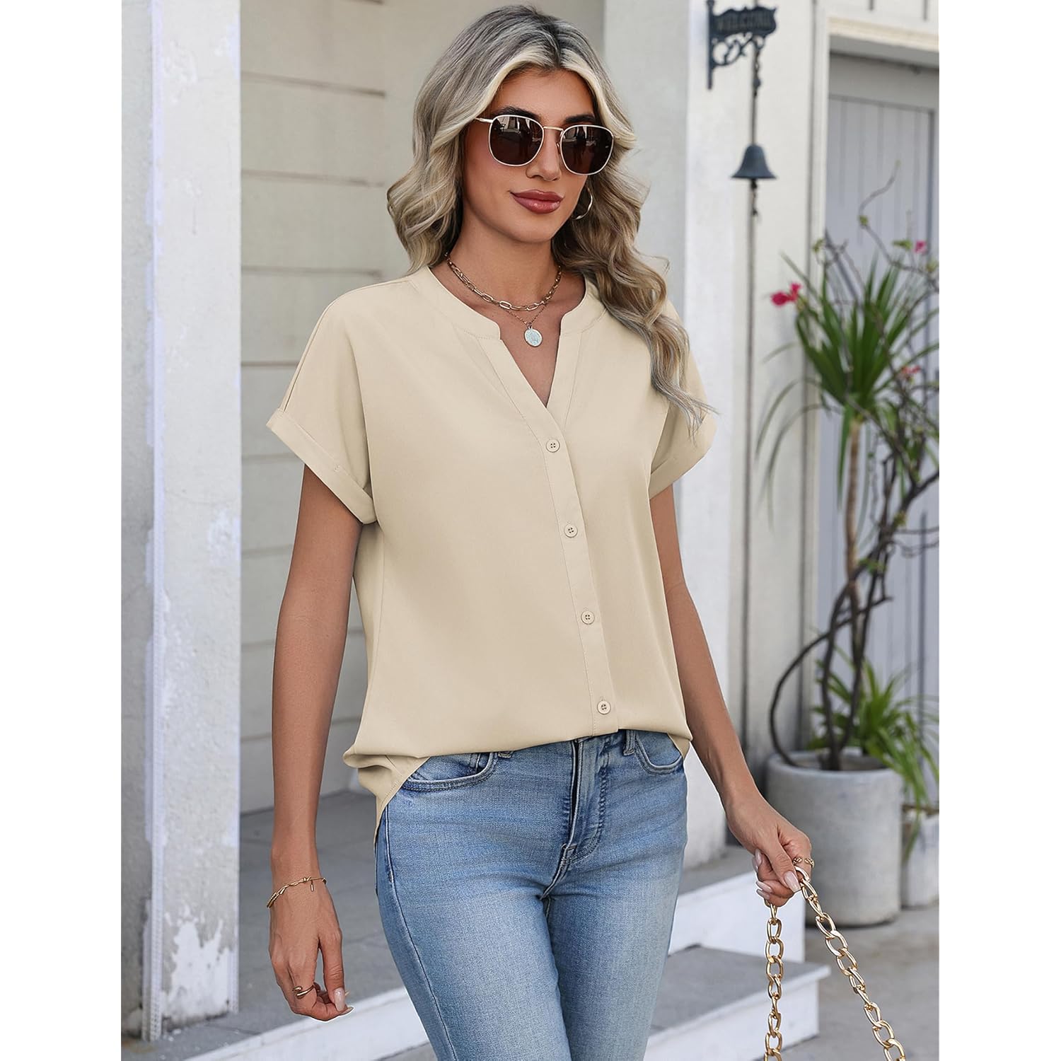 Button Down Shirts for Women Short Sleeve Tops V Neck Collar Blouses Business Casual Outfits