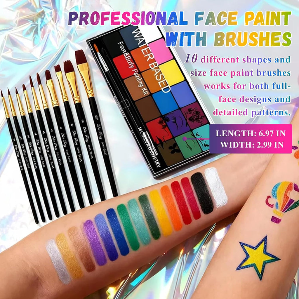 Face Painting Kit Non-Toxic Body Paint Washable 18 Colors Facepaint Makeup Kit For Adults With 10 Face Paint Brushes For Halloween Party Cosplay Makeup (Color 001)